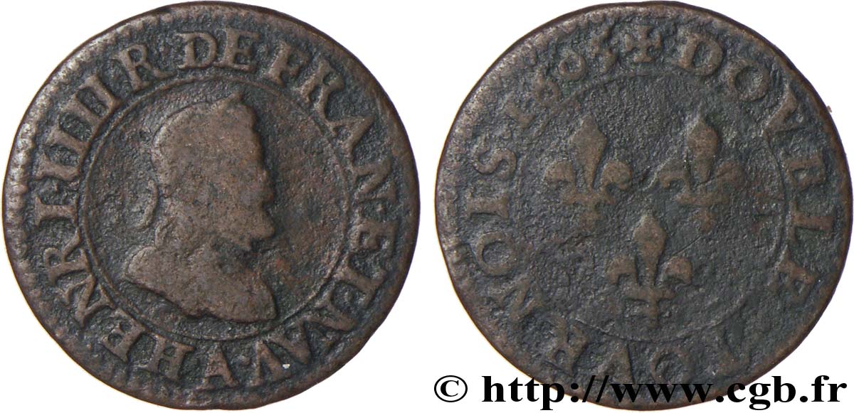 HENRI IV LE GRAND Double tournois, 1er type de Paris (légende française) 1605 Paris, Moulin des Étuves TB/B