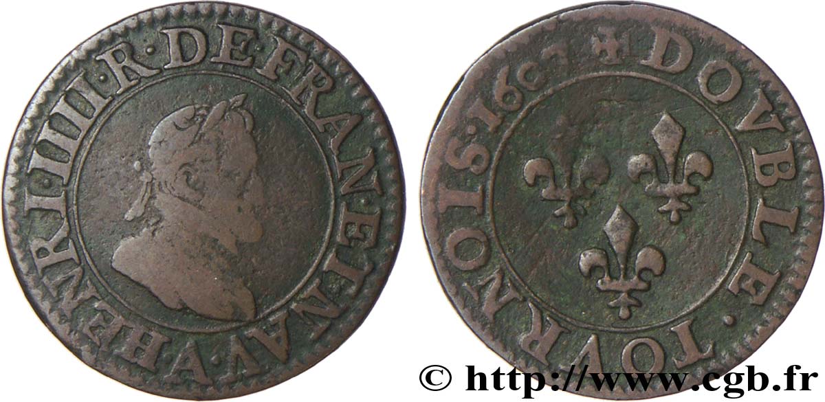 HENRI IV LE GRAND Double tournois, 1er type de Paris (légende française) 1607 Paris, Moulin des Étuves B+