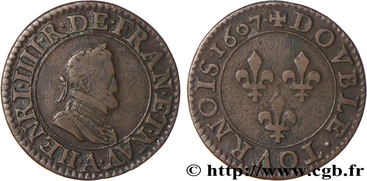 HENRI IV LE GRAND Double tournois, 1er type de Paris (légende française) 1607 Paris, Moulin des Étuves TB+