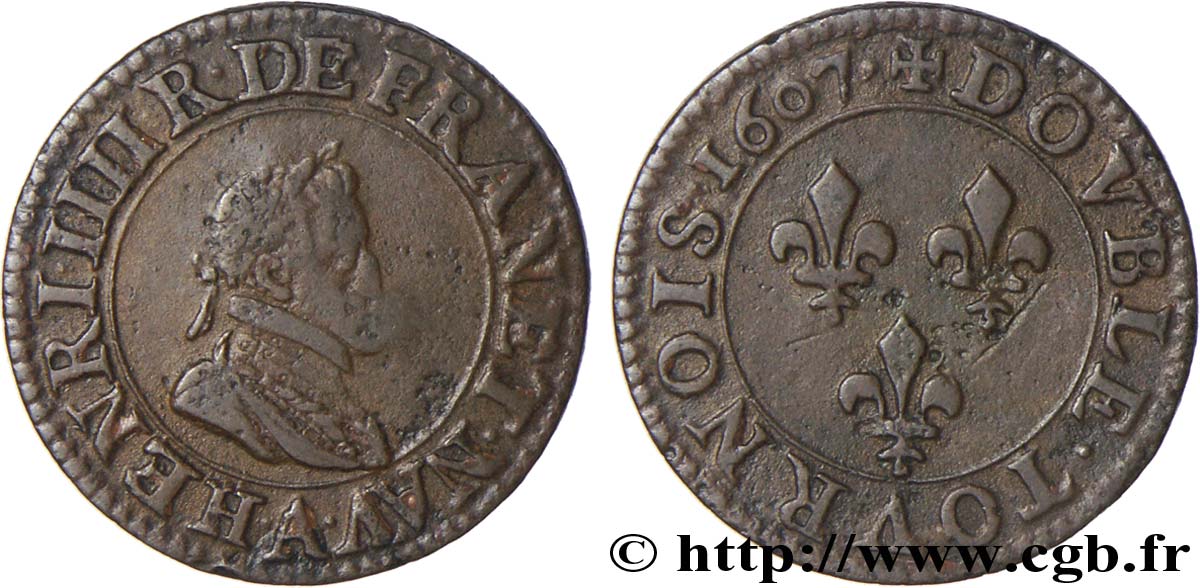 HENRI IV LE GRAND Double tournois, 1er type de Paris (légende française) 1607 Paris, Moulin des Étuves TB+/TTB