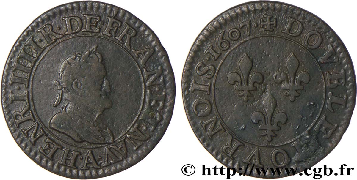 HENRI IV LE GRAND Double tournois, 1er type de Paris (légende française) 1607 Paris, Moulin des Étuves TB+/TTB