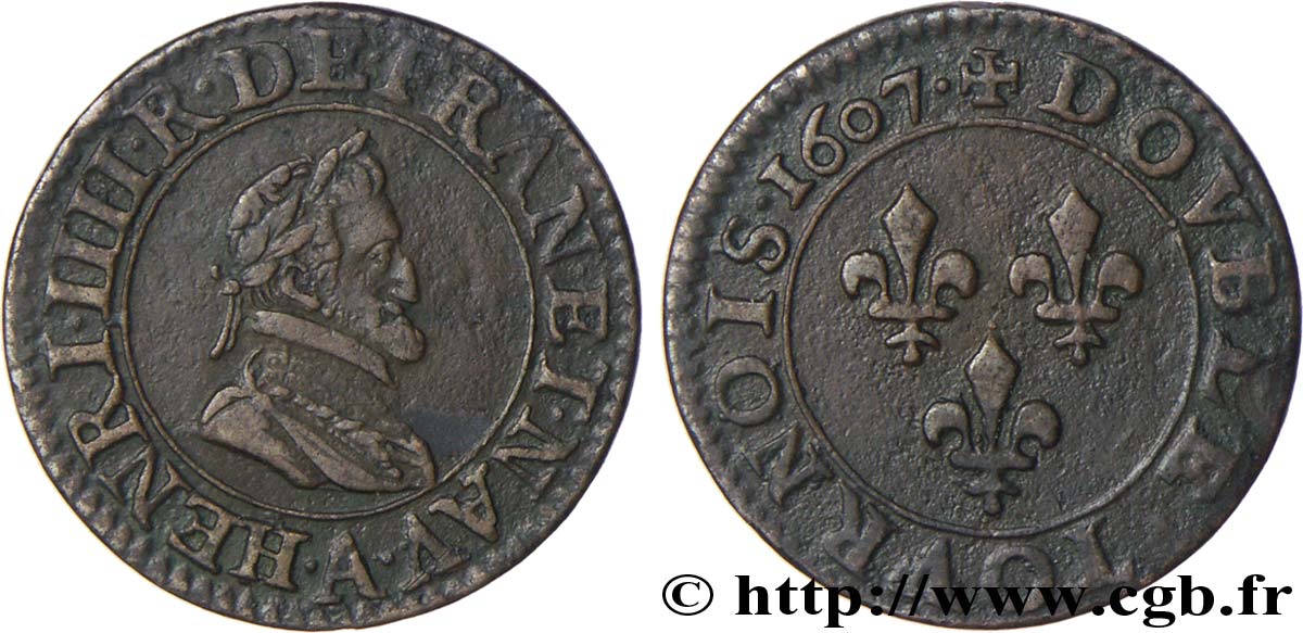HENRI IV LE GRAND Double tournois, 1er type de Paris (légende française) 1607 Paris, Moulin des Étuves TTB