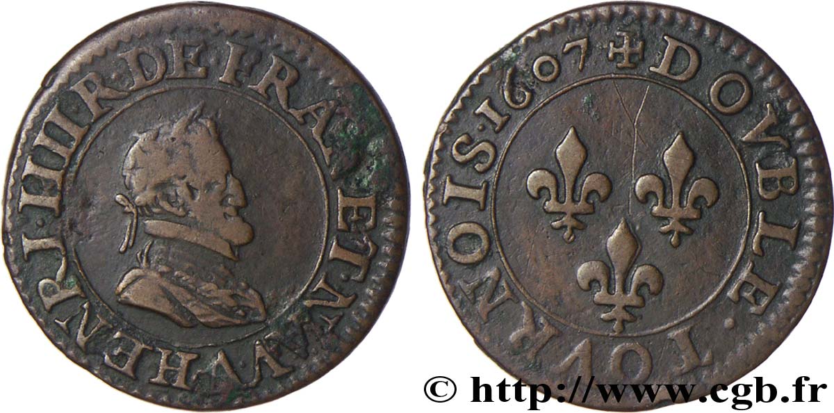 HENRI IV LE GRAND Double tournois, 1er type de Paris (légende française) 1607 Paris, Moulin des Étuves TB+