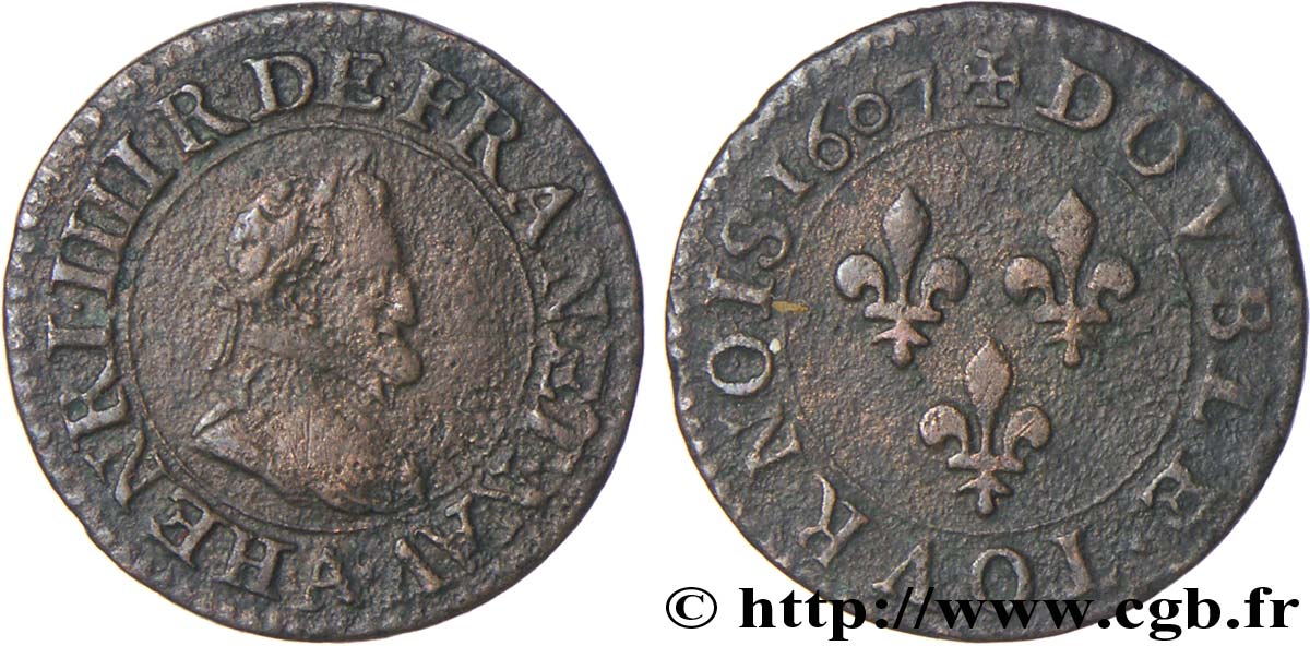 HENRI IV LE GRAND Double tournois, 1er type de Paris (légende française) 1607 Paris, Moulin des Étuves TB+
