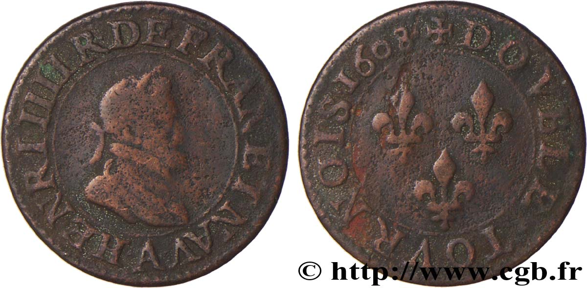 HENRI IV LE GRAND Double tournois, 1er type de Paris (légende française) 1608 Paris B