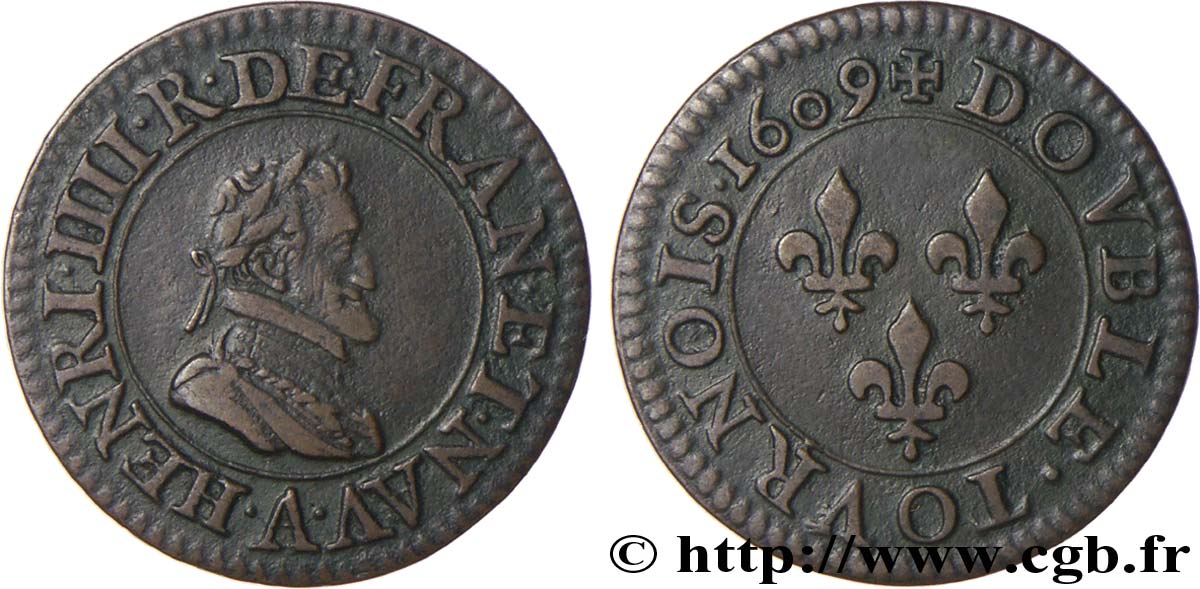 HENRI IV LE GRAND Double tournois, 1er type de Paris (légende française) 1609 Paris, Moulin des Étuves TTB+
