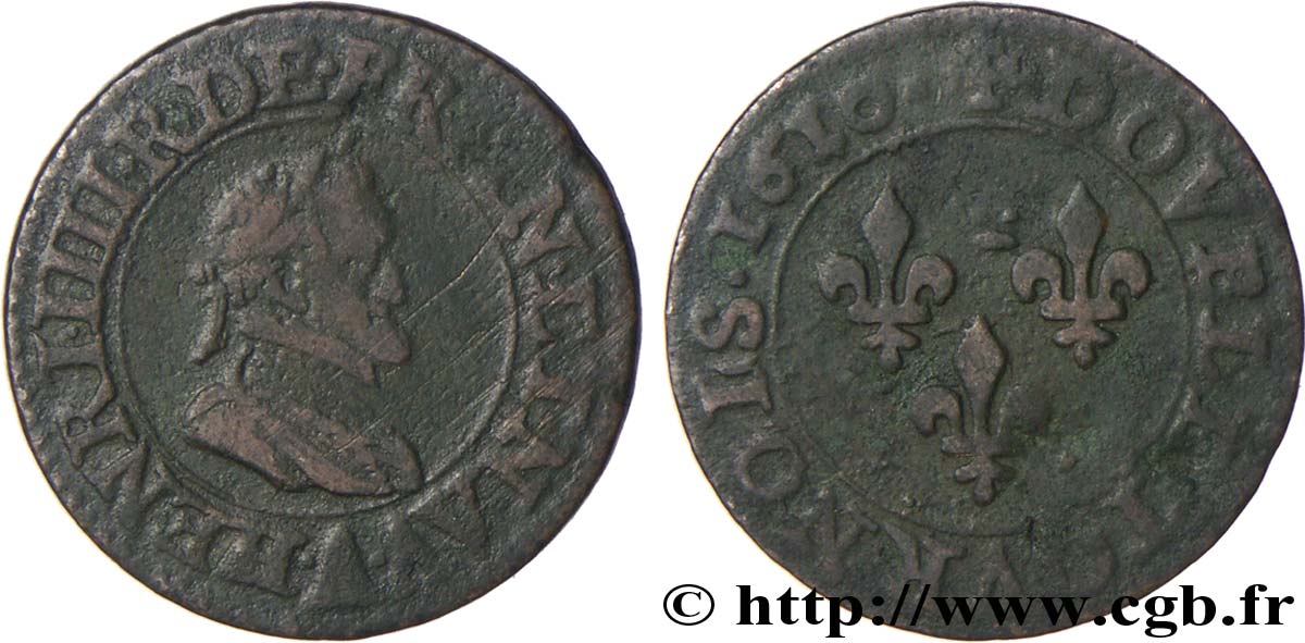 HENRI IV LE GRAND Double tournois, 1er type de Paris (légende française) 1610 Paris, Moulin des Étuves TB