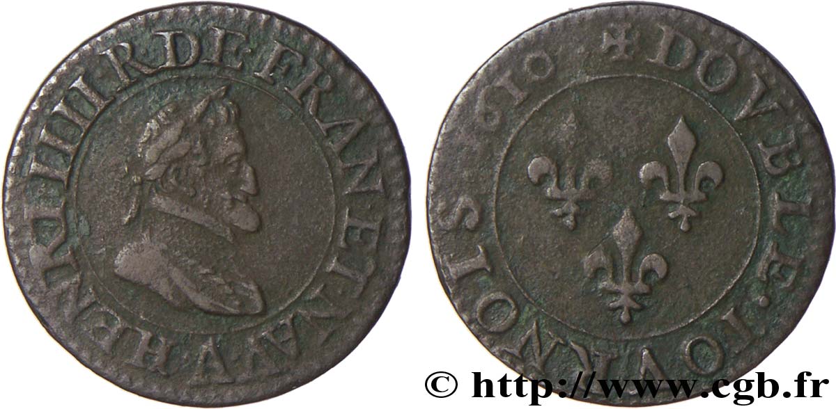 HENRI IV LE GRAND Double tournois, 1er type de Paris (légende française) 1610 Paris, Moulin des Étuves TB+