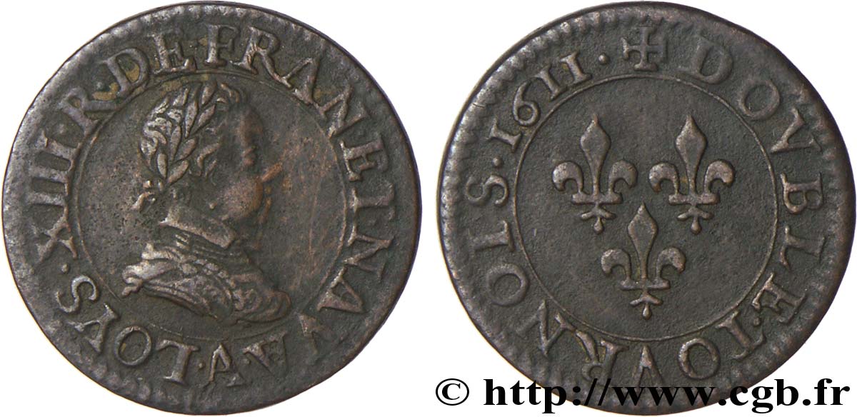 LOUIS XIII LE JUSTE Double tournois, type 1 1611 Paris, Moulin du Louvre TTB