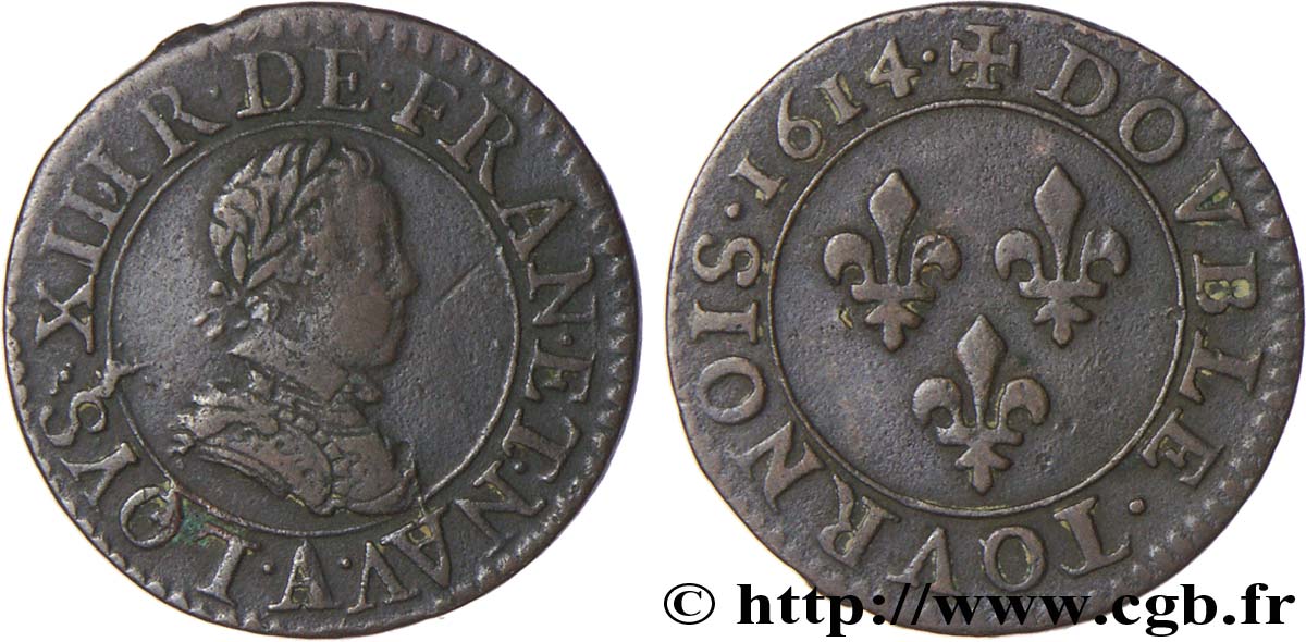 LOUIS XIII LE JUSTE Double tournois, type 1 1614 Paris, Moulin du Louvre TB+/TTB