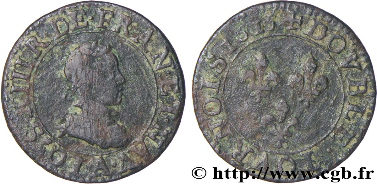LOUIS XIII LE JUSTE Double tournois, type 1 1615 Paris, Moulin du Louvre B+