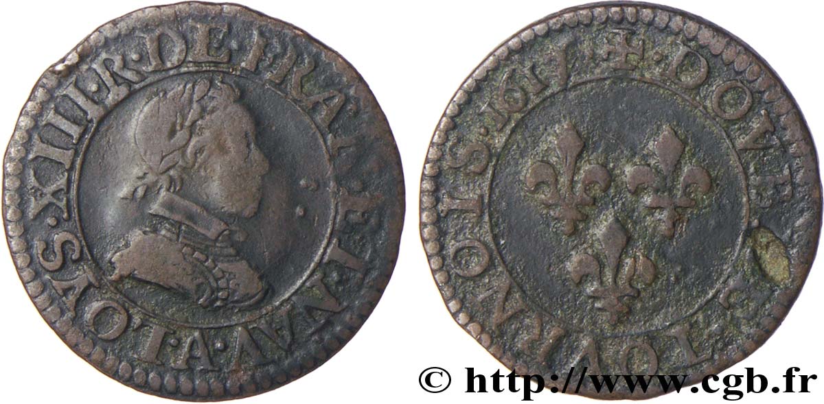 LOUIS XIII LE JUSTE Double tournois, type 1 1617 Paris, Moulin du Louvre TB