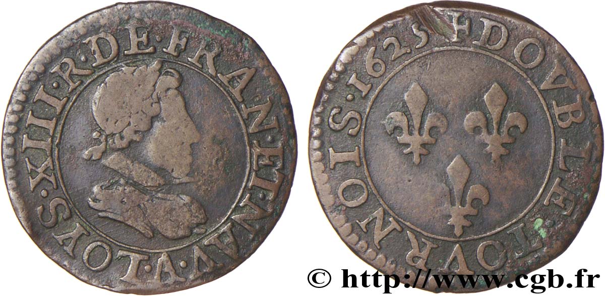 LOUIS XIII LE JUSTE Double tournois, type 2 de Paris 1625 Paris TB+