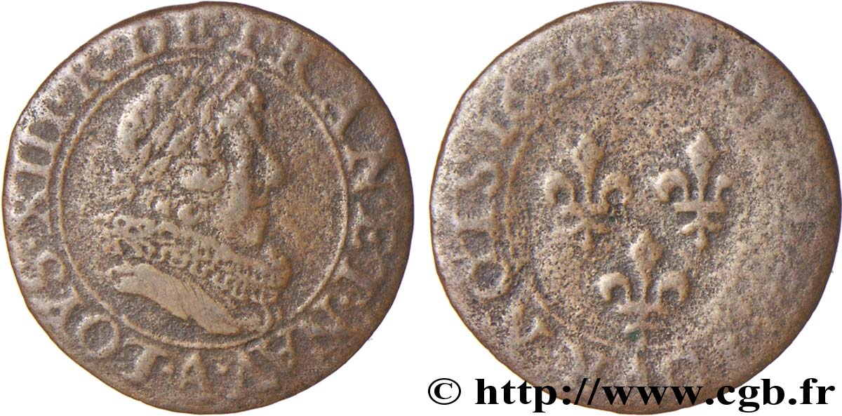 LOUIS XIII LE JUSTE Double tournois, type 5 de Paris 1628 Paris B/AB