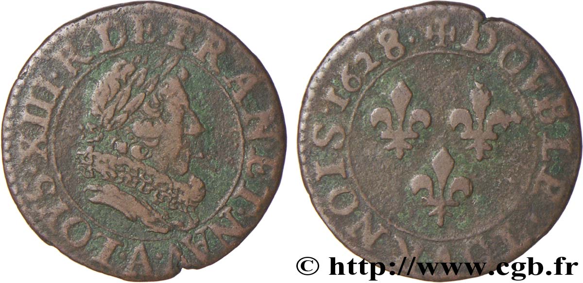 LOUIS XIII LE JUSTE Double tournois, type 5 de Paris 1628 Paris B+