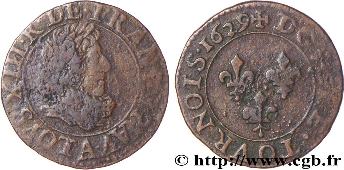 LOUIS XIII LE JUSTE Double tournois, type 5 de Paris 1629 Paris B/B+
