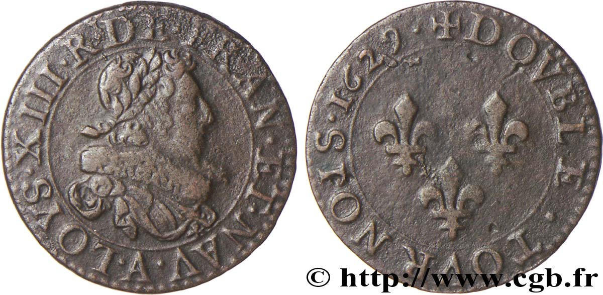 LOUIS XIII LE JUSTE Double tournois, type 6 de Paris 1629 Paris TB+