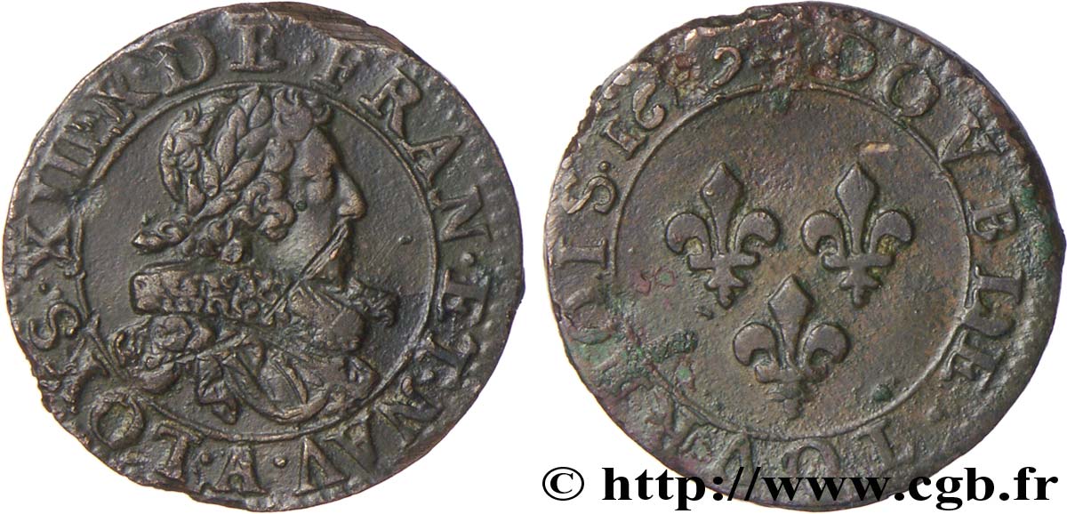 LOUIS XIII LE JUSTE Double tournois, type 6 de Paris 1629 Paris TTB