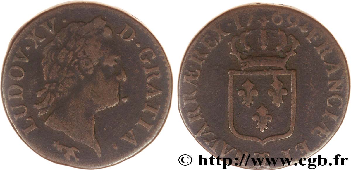 LOUIS XV DIT LE BIEN AIMÉ Sol dit &nbsp;à la vieille tête&nbsp; 1769 Besançon TB+