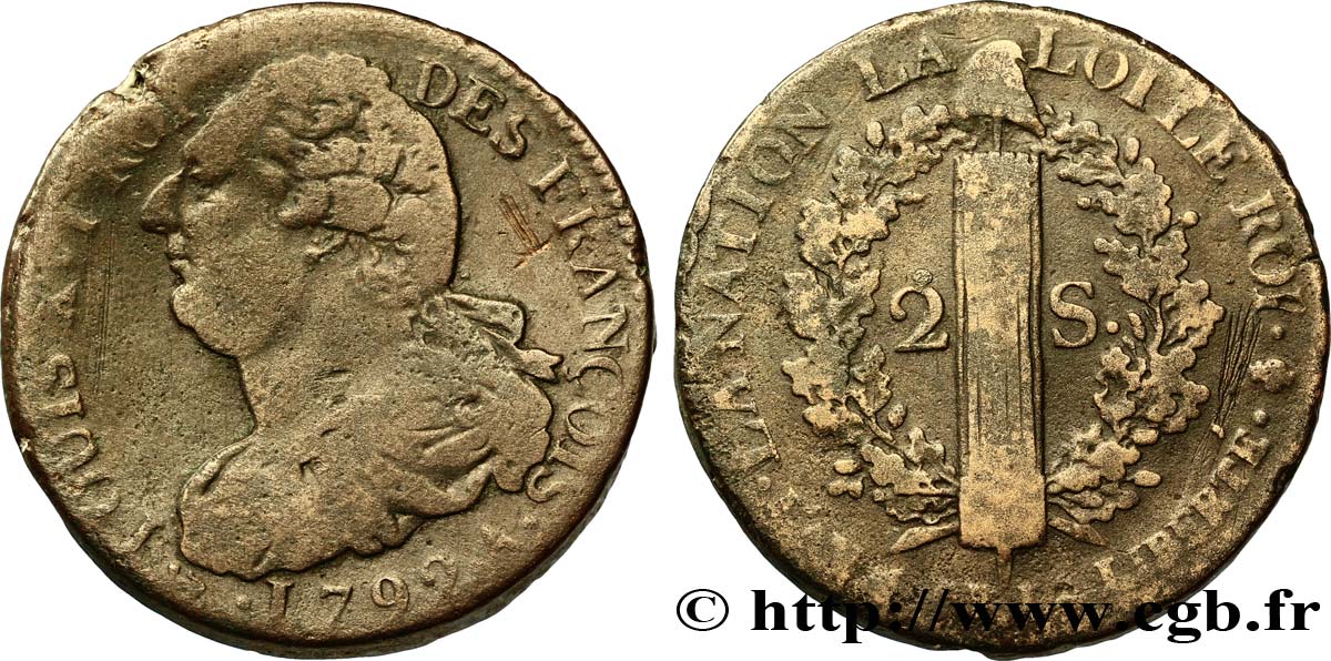 LOUIS XVI (MONARQUE CONSTITUTIONNEL)  2 sols dit  au faisceau , type FRANÇOIS 1792 Paris TB