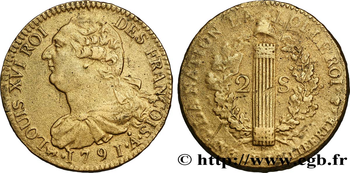 LOUIS XVI (MONARQUE CONSTITUTIONNEL)  2 sols dit  au faisceau , type FRANÇOIS 1791 Paris TTB+/TTB