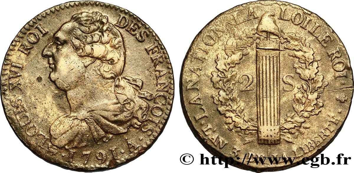 LOUIS XVI (MONARQUE CONSTITUTIONNEL)  2 sols dit  au faisceau , type FRANÇOIS 1791 Paris TB+