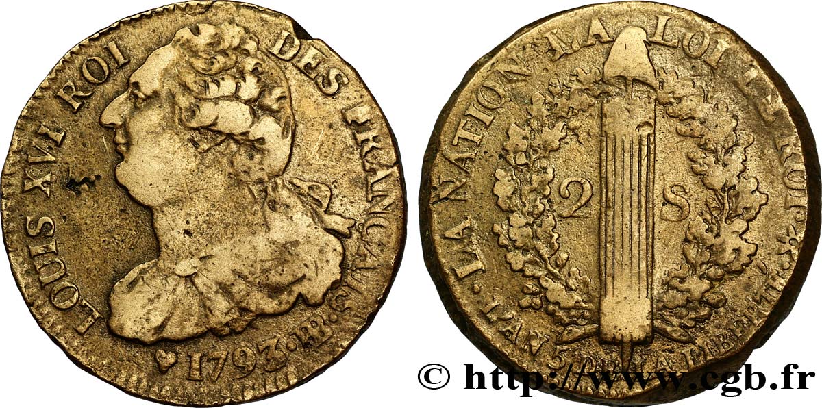 LOUIS XVI (MONARQUE CONSTITUTIONNEL)  2 sols dit  au faisceau , type FRANÇAIS 1793 Strasbourg TB+