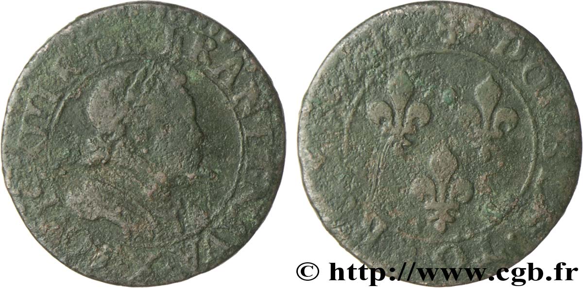 LOUIS XIII LE JUSTE Double tournois, type 1 1614 Amiens B