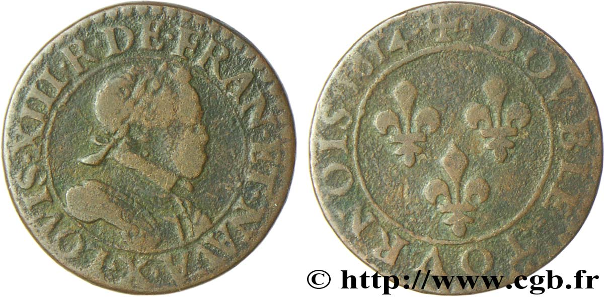 LOUIS XIII LE JUSTE Double tournois, type 1 1614 Amiens TB