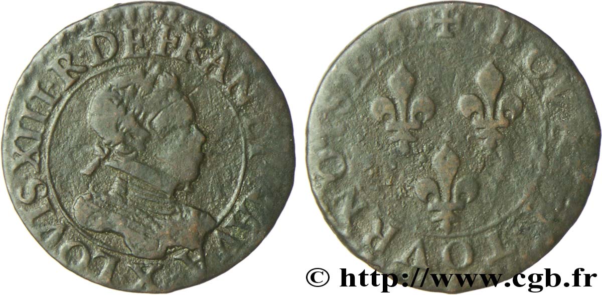 LOUIS XIII LE JUSTE Double tournois, type 1 1614 Amiens TB+/B+