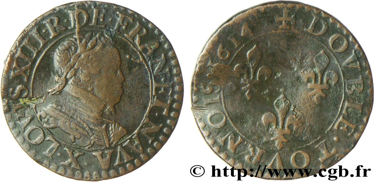 LOUIS XIII LE JUSTE Double tournois, type 1 1614 Amiens TB+