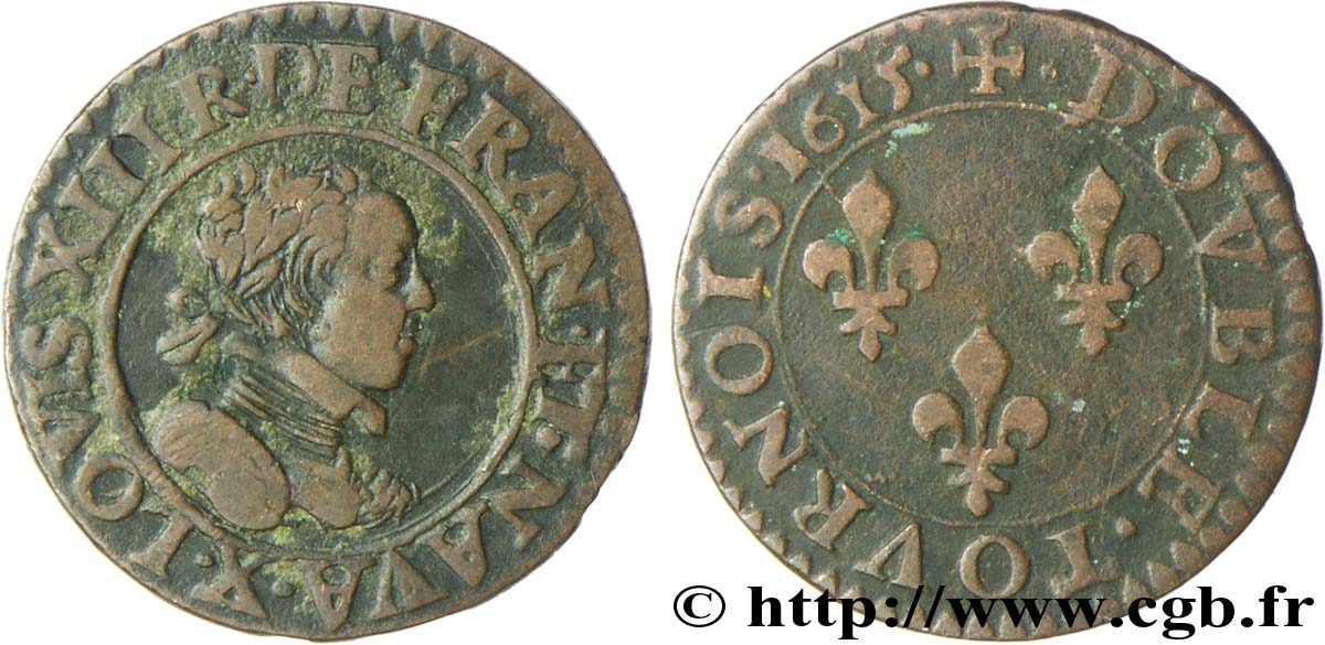 LOUIS XIII LE JUSTE Double tournois, type 2 1615 Amiens TB+