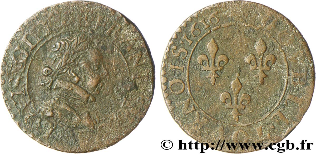 LOUIS XIII LE JUSTE Double tournois, type 3 1616 Amiens TB/B+