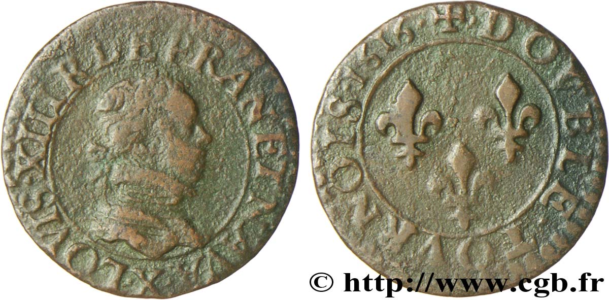 LOUIS XIII LE JUSTE Double tournois, type 3 1616 Amiens TB
