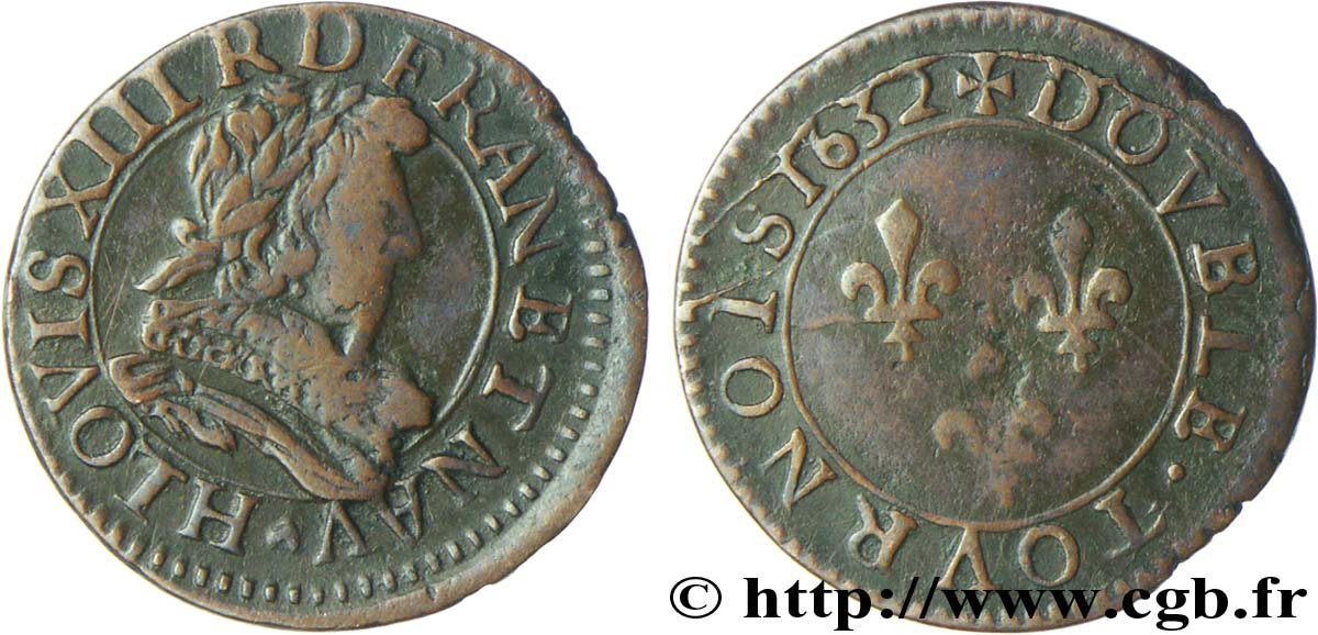 LOUIS XIII LE JUSTE Double tournois, type 1 1632 La Rochelle TTB