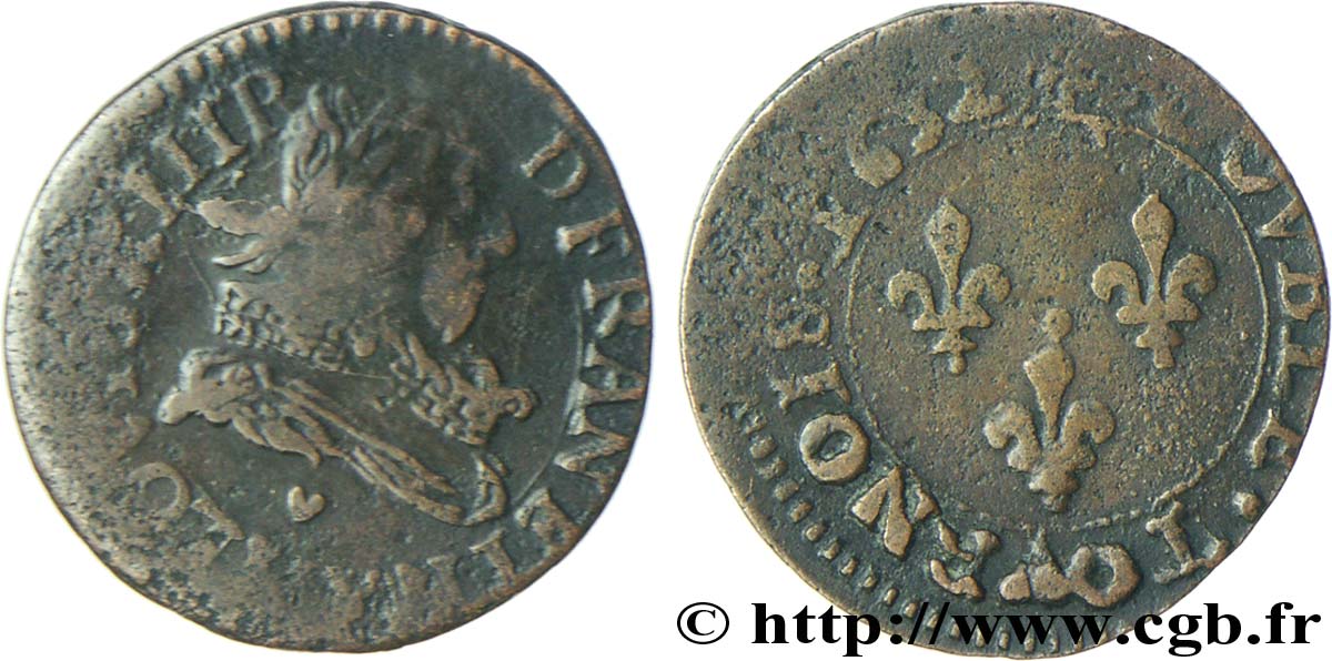LOUIS XIII LE JUSTE Double tournois, type 1 1632 La Rochelle TB+