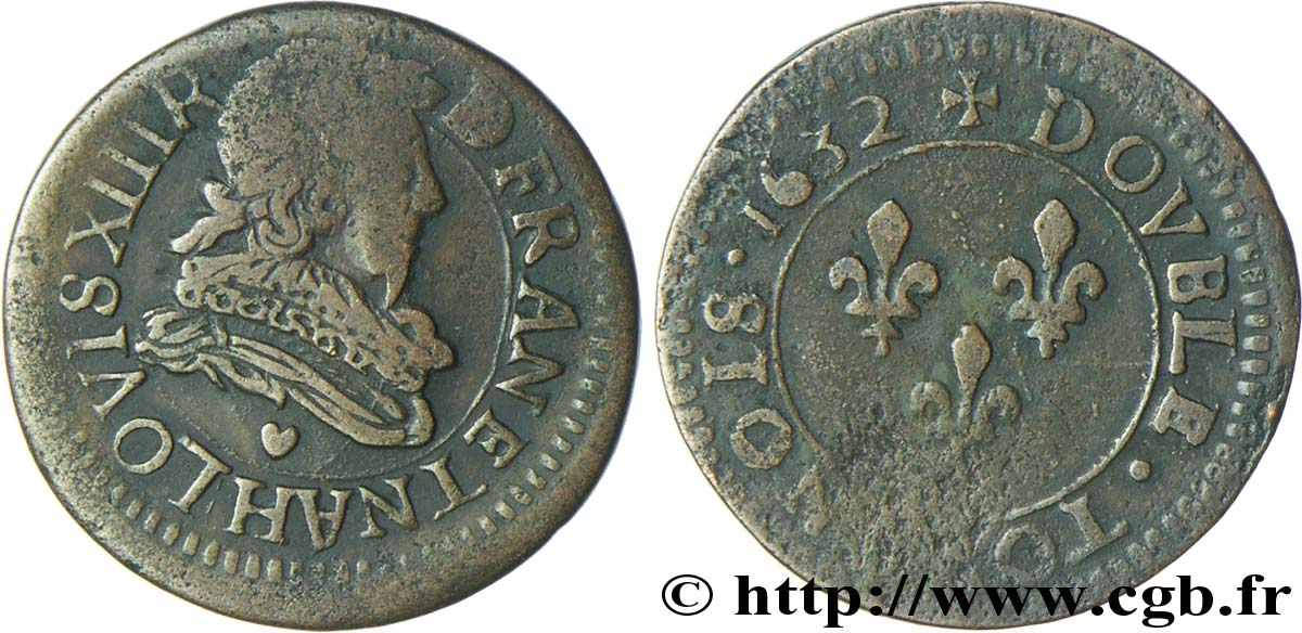 LOUIS XIII LE JUSTE Double tournois, type 1 1632 La Rochelle TB+