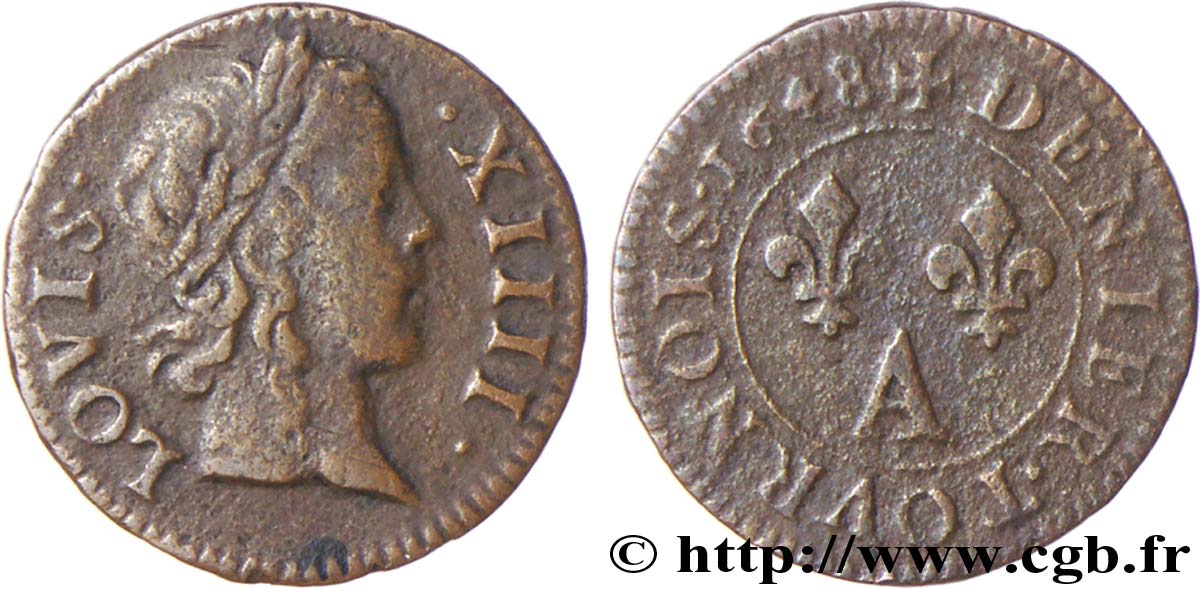 LOUIS XIV LE GRAND OU LE ROI SOLEIL Denier tournois 1648 Paris, Moulin du Louvre TB+
