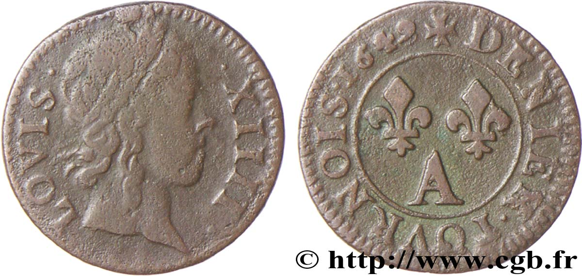 LOUIS XIV LE GRAND OU LE ROI SOLEIL Denier tournois 1649 Paris, Moulin du Louvre TB/TB+