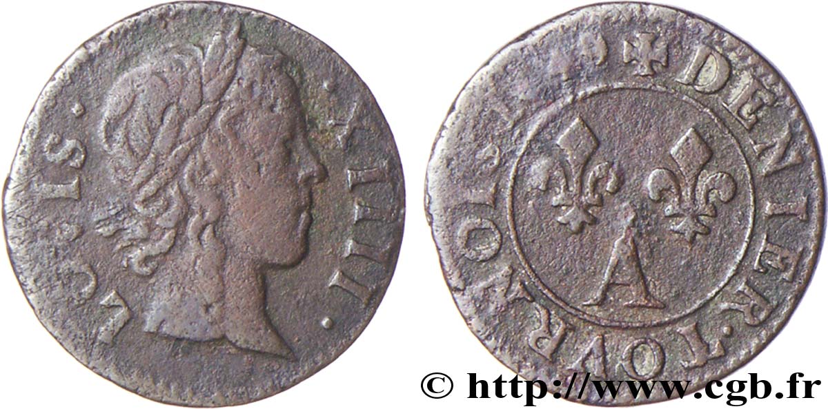 LOUIS XIV LE GRAND OU LE ROI SOLEIL Denier tournois 1649 Paris, Moulin du Louvre TB/TB+
