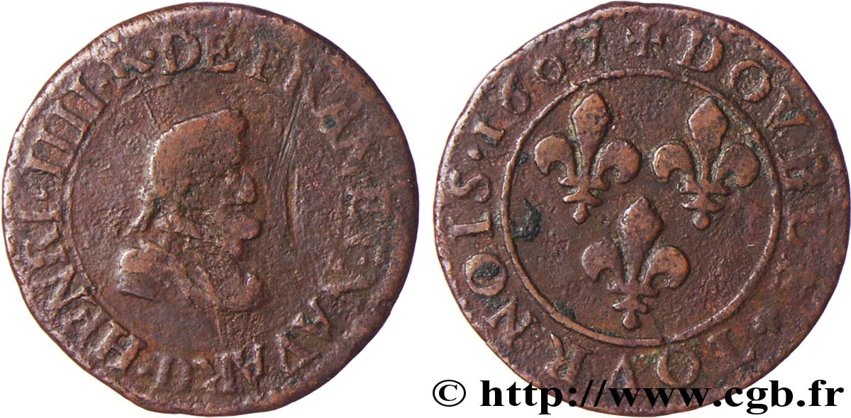 HENRI IV LE GRAND Double tournois, 1er type 1607 Lyon B+/TB