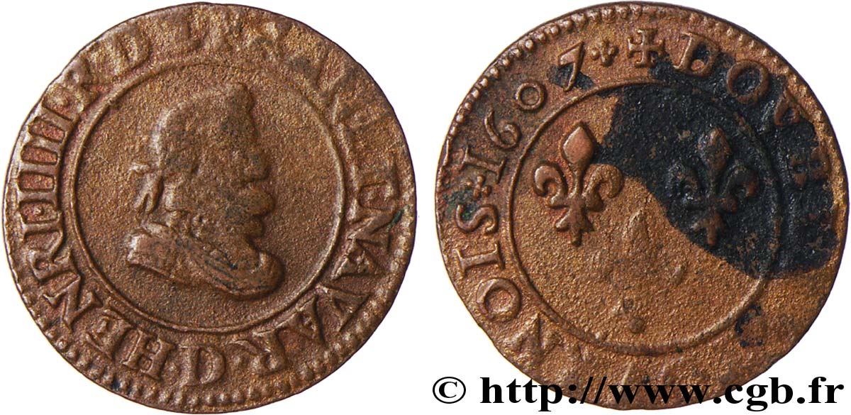 HENRY IV Double tournois, 1er type 1607 Lyon BC