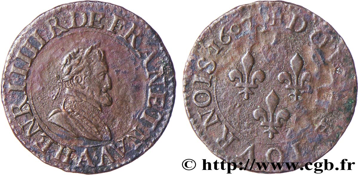 HENRI IV LE GRAND Double tournois, 1er type de Paris (légende française) 1607 Paris, Moulin des Étuves TB+/B