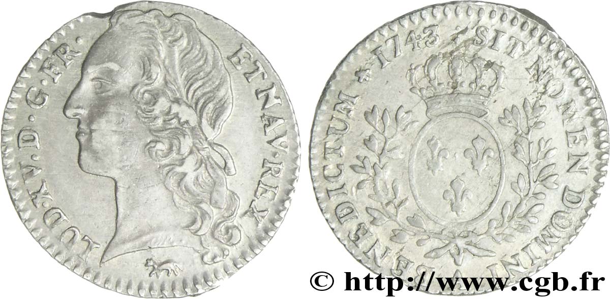 LOUIS XV DIT LE BIEN AIMÉ Dixième d écu aux branches d’olivier, tête ceinte d’un bandeau 1743 Paris TTB/TTB+