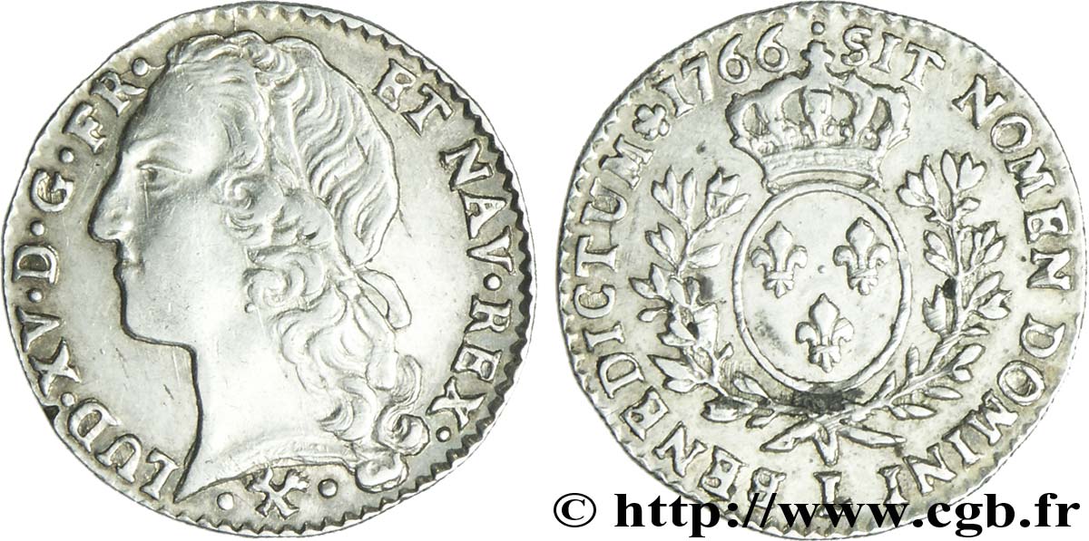 LOUIS XV  THE WELL-BELOVED  Dixième d écu aux branches d’olivier, tête ceinte d’un bandeau 1766 Bayonne fVZ