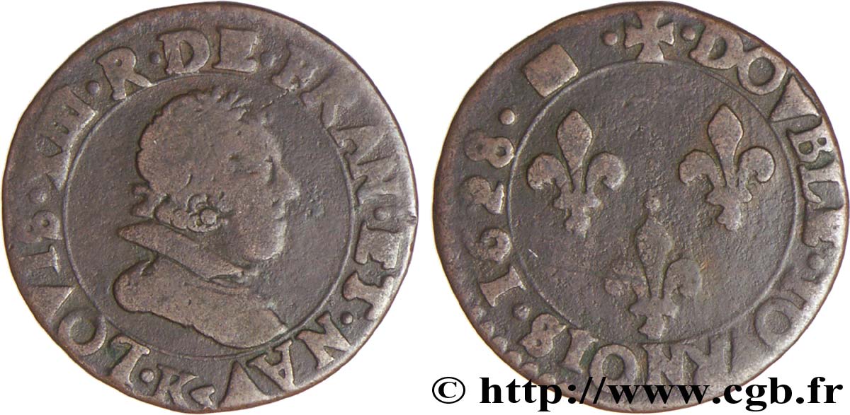 LOUIS XIII LE JUSTE Double tournois, type 7 1628 Bordeaux B+