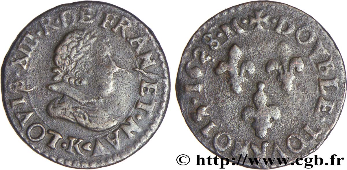 LOUIS XIII LE JUSTE Double tournois, type 7 1628 Bordeaux TB/B+
