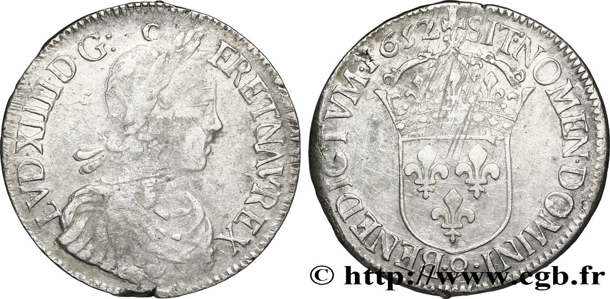 LOUIS XIV LE GRAND OU LE ROI SOLEIL Écu, portrait à la mèche longue 1652 Rennes TB+