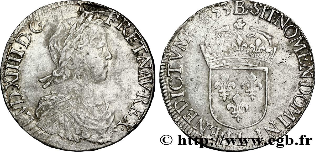 LOUIS XIV LE GRAND OU LE ROI SOLEIL Écu, portrait à la mèche longue 1653 Bayonne TTB