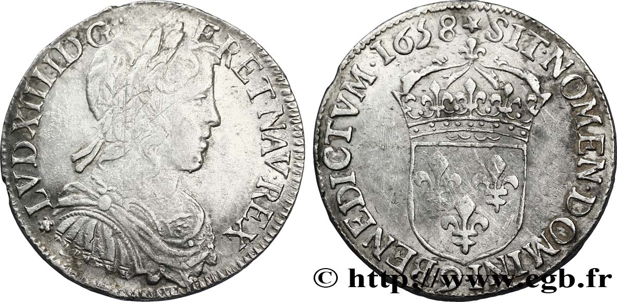 LOUIS XIV LE GRAND OU LE ROI SOLEIL Demi-écu, portrait à la mèche longue 1658 Rennes TB+
